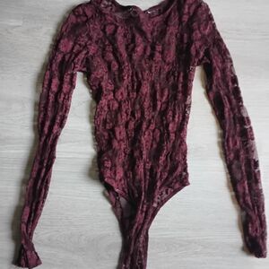 Burgundy Floral Lace Long Sleeve Bodysuit – Romantic Gothic Style
